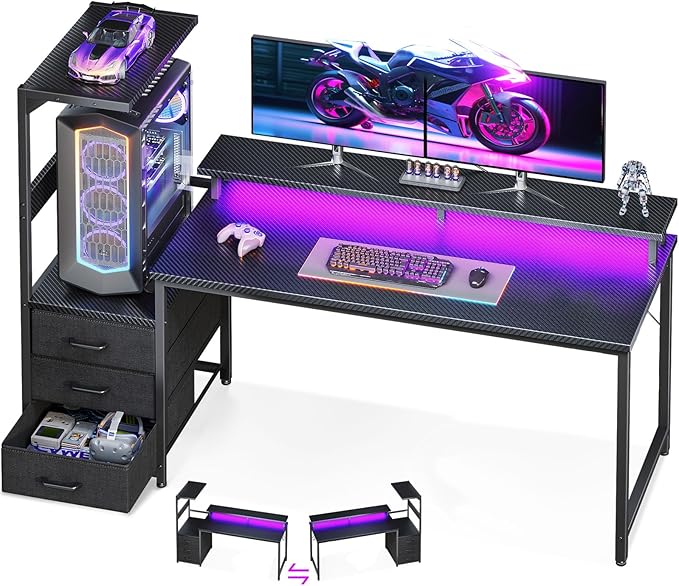AODK 59 Inch Gaming Desk with LED Light- Reversible Computer Desk with Storage Shelves & Monitor Stand, Modern Gamer Desk Table with Fabric Drawers, Black