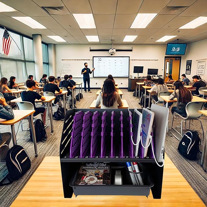 Laptop Charging Station for Classroom, Office, or Home, 10-Device Organizer with 6 AC Outlets & 4 USB Ports, Fits Laptops, Tablets & E-Readers up to 1.375" Thick, 15.3" x 13" x 13"