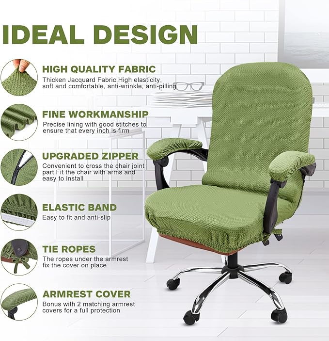 NeColorLife Stretchable Office Chair Cover with Armrest Covers - Thick Checked Jacquard High Back Desk Chair Slipcover for Rotating Chairs (Large Size,Green)