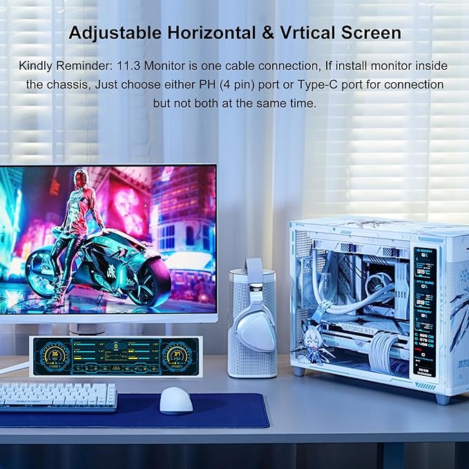 11.3 Inch Stretched Bar Monitor - One Cable Connection(No HDMI Needed) FHD IPS 1920x440 LCD Display, PC Secondary Screen for Aida64 CPU GPU RAM Tep Monitoring for Windows 10/11 Only -White