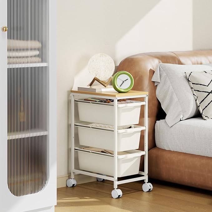 Rolling Storage Cart with 3 Drawers, Craft Organizer, Wooden Tabletop Utility Cart for Bedroom, Children's Room and Office Organization, Under Desk Trolley with Lockable Wheels,White