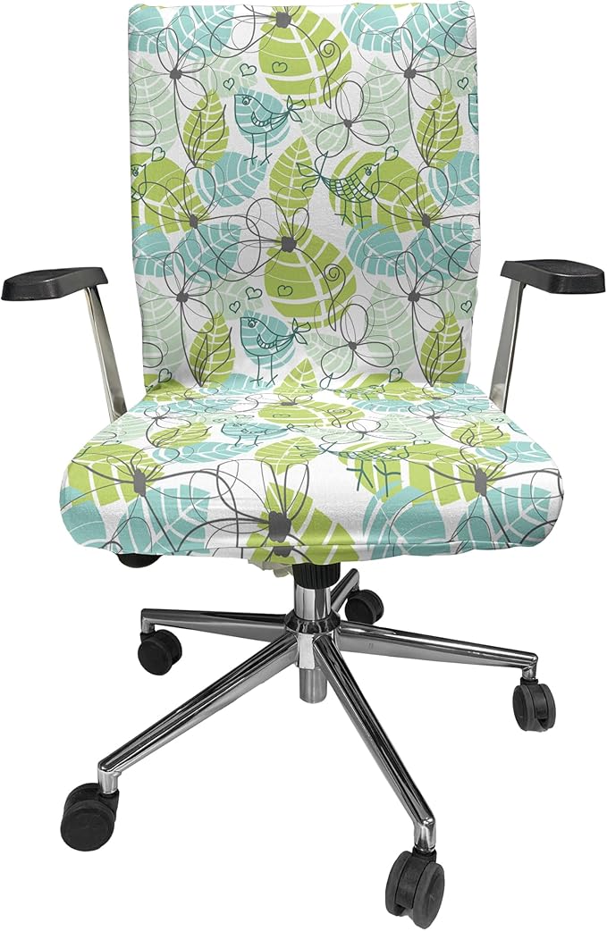 Ambesonne Leaves Office Chair Cover, Doodle Birds and Flowers with Foliage Hearts Ornamental Print, Stretchable Decorative Universal Size High Back Printed Slipcover, Charcoal Dimgrey