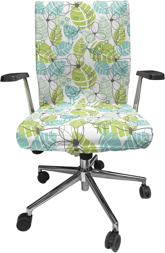 Ambesonne Leaves Office Chair Cover, Doodle Birds and Flowers with Foliage Hearts Ornamental Print, Stretchable Decorative Universal Size High Back Printed Slipcover, Charcoal Dimgrey