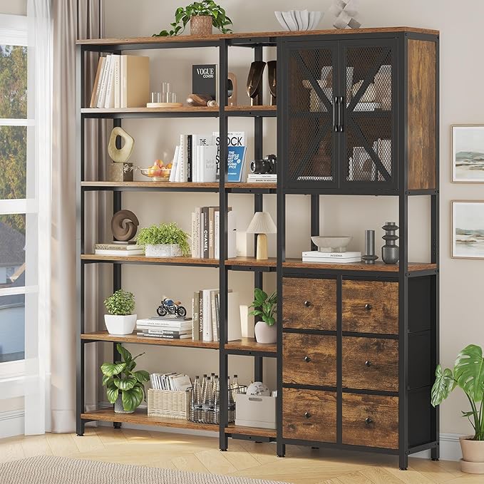 HAUOMS Corner Bookshelf, 6 Tier Industrial Convertible Bookshelf with 6 Fabric Drawers, Corner Bookcase Large L Shaped Storage Display Shelf for Home Office, Living Room, Kitchen, Rustic Brown