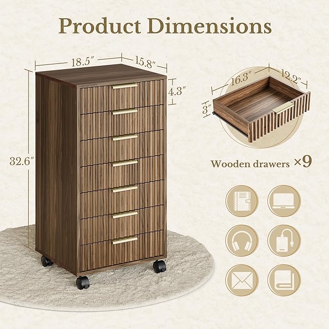 7 Drawer File Cabinet, Wooden Office Cabinet with Drawers, Fluted Storage Filing Drawer for Home Office,Black Walnut