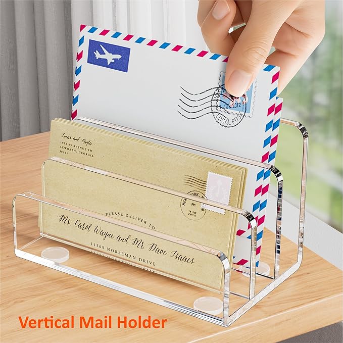 FUCDTEFC Mail Organizer Countertop, 3 Section Clear Acrylic Small File Holders Letter Organizer for Desk, Modern Filing Accessories for Document, Office, Home, School
