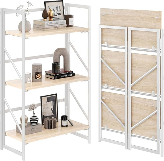 JSB 3 Tier No Assembly Folding Bookshelf, Industrial Metal Book Shelf for Storage, Vintage Wood Foldable Bookcase for Living Room, Bedroom, Office Organization Shelves