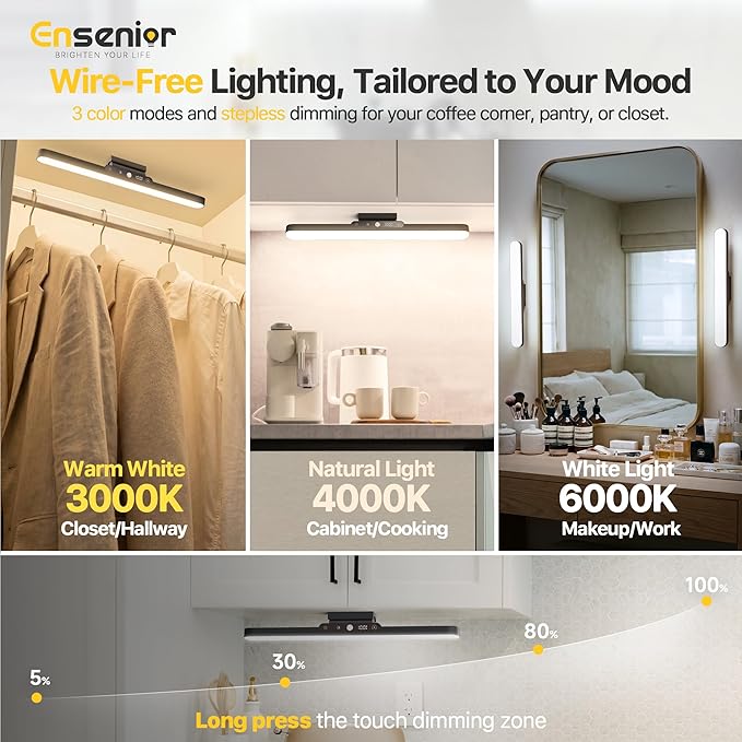 Upgraded Rechargeable Motion Sensor Light Bar, 2000mAh Dimmable Under Cabinet Lighting Wireless with Digital Battery Display, 130° Rotatable Magnetic Closet Lights, Remote Control Stick on Lights Dorm