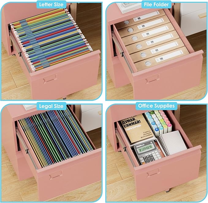 Aobabo Rolling File Cabinet with Lock,2 Drawer Metal Filing Cabinet for Home Office & Under Desk, Heavy-Duty Mobile Storage with 5 Wheels (Anti-Tilt), Fits Letter/Legal,Pink,Required Assembly