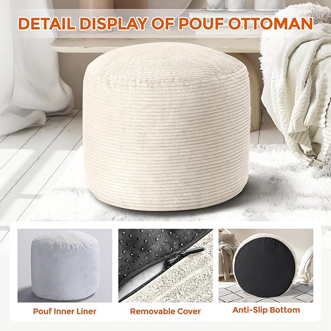 26" x 26" x 18" Pouf Ottoman Foot Rest, Pre-Stuffed Round Foot Stool with Odorless Shredded Memory Foam, Furry & Fluffy Corduroy Footrest for Living Room, Beige