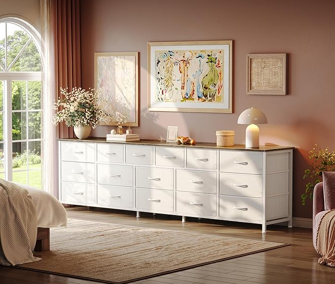 Huuger 77.6" Long Dresser for Bedroom, 16 Drawer Fabric Dresser for Closet, Wide Chest of Drawers with Storage, TV Stand for 65, 75, 85 Inch TV, 77.6" W x 12.9" D x 26.7" H, Farmhouse White