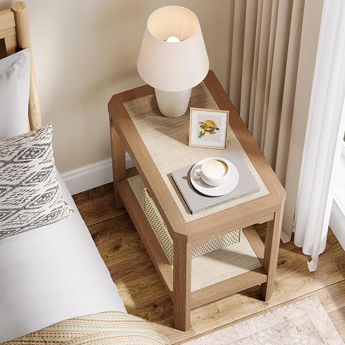Eclatara Rattan Night Stand Set of 2 - Farmhouse 2 Tier End Table for Bedroomoom - Accent Side Table wtih Open Storage Shelves for Small Space Narrow Coffee Table Bamboo, Natural Oak