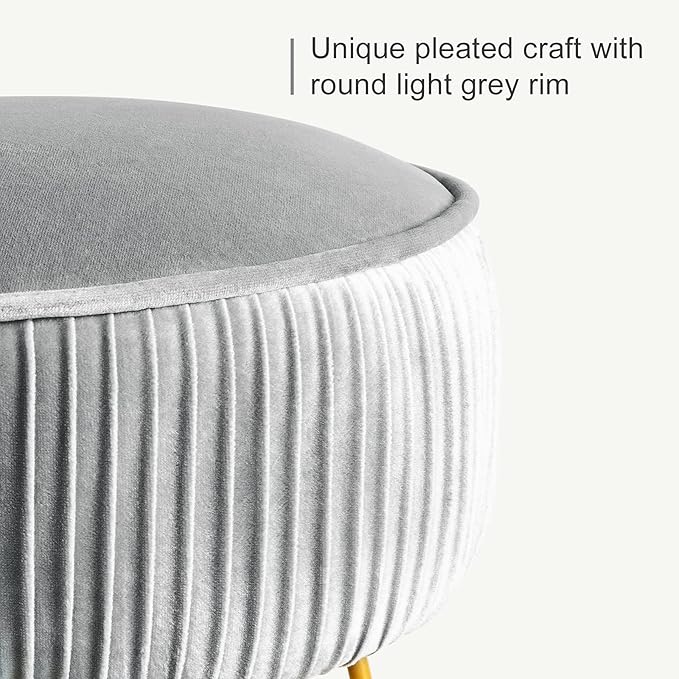 LUE BONA Pleated Vanity Stool, Velvet Upholstered Vanity Stool for Makeup Room, Round Mondern Stool for Vanity, Ottoman Footrest Stool with Metal Legs for Living Room, Bedroom, Light Gray