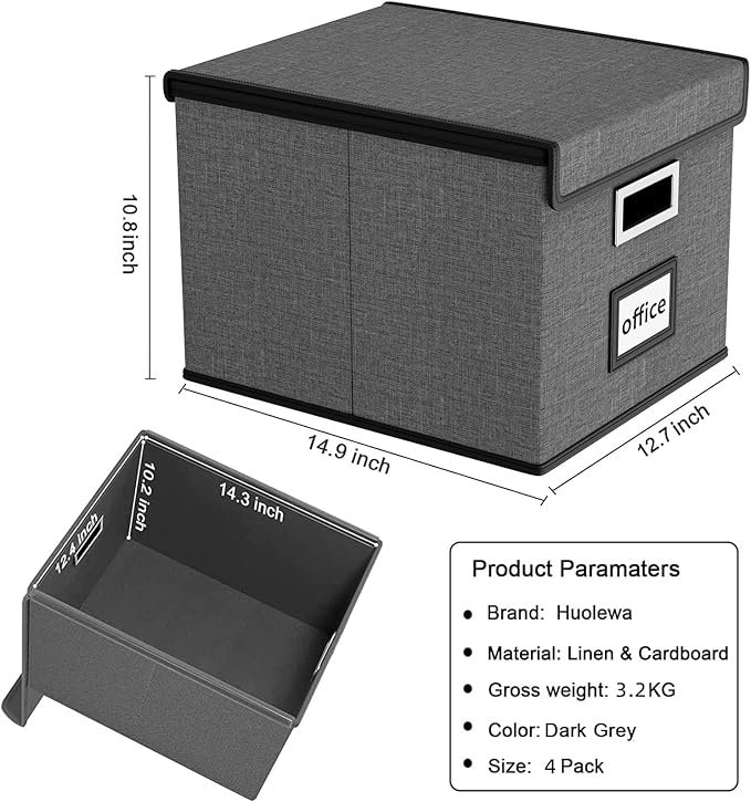 File Organizer Box with Lid, Collapsible File Folder Organizer for Office Document Storage, Filing Box with Plastic Slide for Letter/Legal Size Hanging Files, Dark Grey