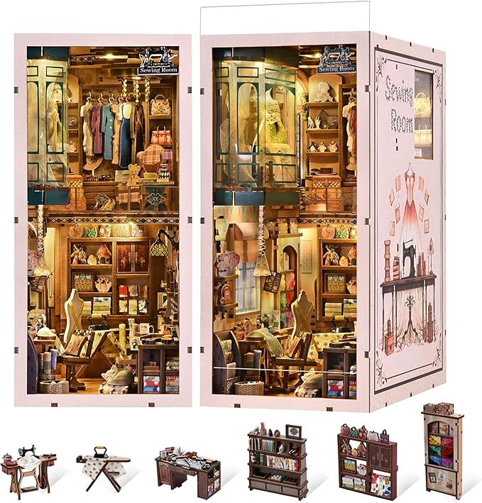 fifijoy Book Nook Kit - DIY Miniature House Dollhouse Kit for Adults and Teens, Booknook Tiny House Bookshelf Decor 3D Wooden Puzzle, Gifts for Family Friends (Sewing Room)