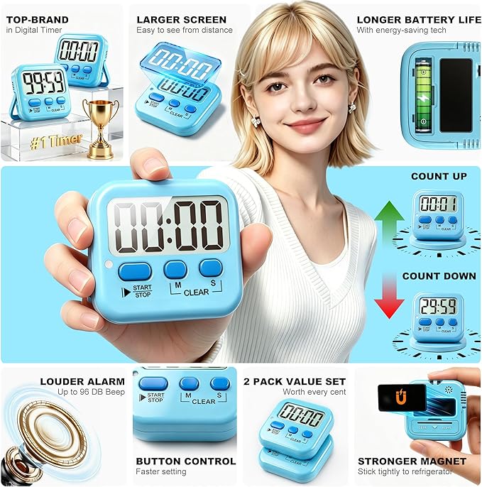 Antonki 2 Pack Digital Timer for Kids, Magnetic Countdown Kitchen Timers for Cooking, Egg, Classroom, Teacher, Exercise, Study, Oven - Battery Included