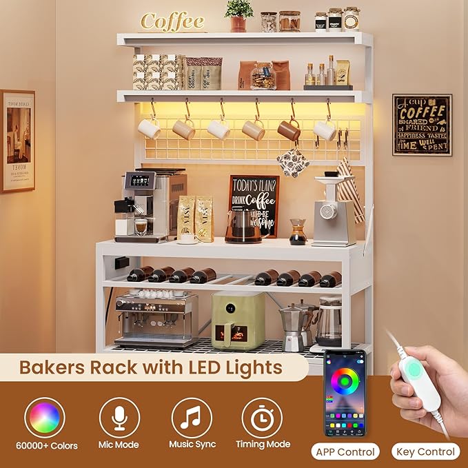 Itaar Bakers Rack with Storage and Power Outlet, 35.4 inch Coffee Bar Cabinet, Microwave Stand Kitchen Cabinet with Hutch, LED Lights, Wine Rack and Hooks (White)