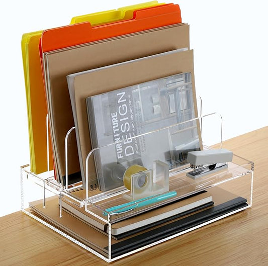 DINGHUO Acrylic Desk Organizers and Accessories, Paper Letter Tray Organizer with 3 Vertical File Holder, Clear File Organizer for Desk Home Office Supplies -1 Pack