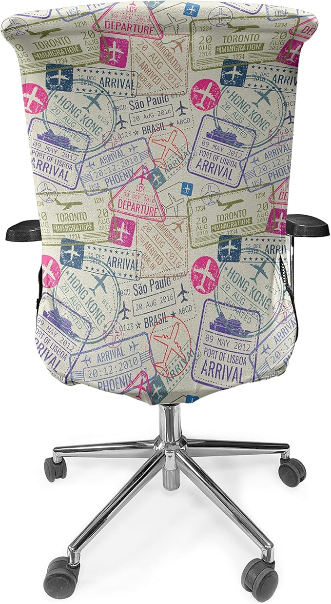 Ambesonne Travel Office Chair Cover, Passport and Visa Stamps Illustration of Toronto Hong Kong Berlin Print, Stretchable Decorative Universal Size High Back Printed Slipcover, Eggshell Pink