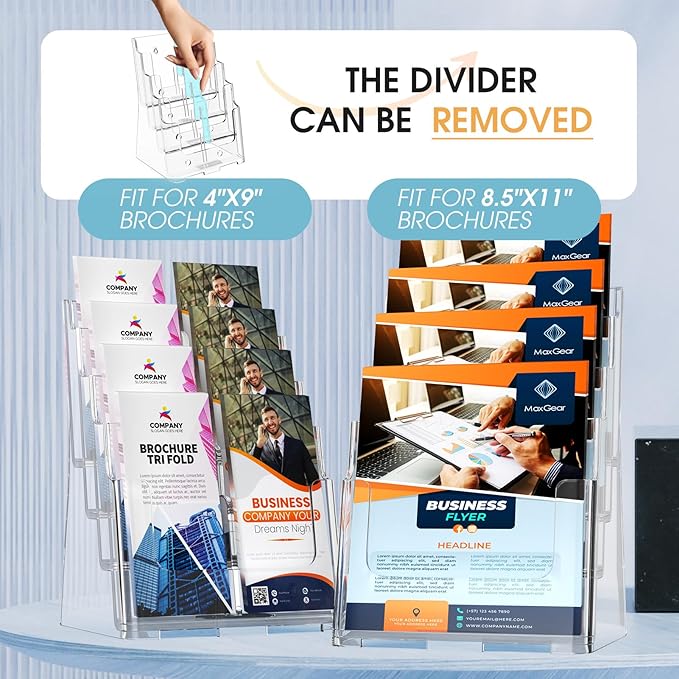 MaxGear Acrylic Brochure Holder 8.5 x 11 inch, 4 Tier Clear Literature Organizer Magazine Stand Display with Removable Divider for 4 x 9 inch Brochures, Pamphlet, Wall Mount or Countertop, 1 Pack