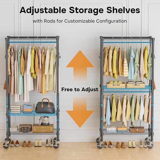 Simple Deluxe Rolling Clothes Rack, Heavy Duty Clothing Rack, 3-Shelf Portable Adjustable Wardrobe Closet with Wheels, Hanging Rods & Side Hooks, 29.5" W x 15.7" D x 75.6" H, Black