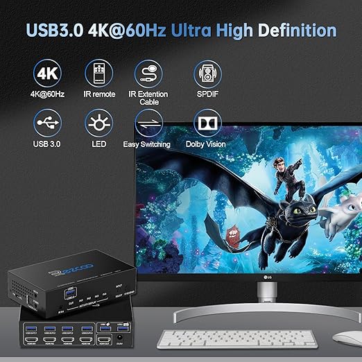 USB 3.0 KVM Switch HDMI 4 Computer 1 Monitor 4K 60Hz SPDIF L/R Extractor- USB Switch for Keyboard Mouse Printer Mac Windows 4 Port HDMI Switch 4x1 1080p 120Hz 144Hz HDCP Pass, IR Remote Ext. Mic