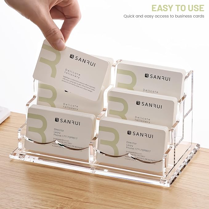 SANRUI Acrylic Business Card Holder for Desk, Clear Display Stand with 6 Slots, 3-Tier Horizontal Name Card Stands, Office Desk Organizer for Women & Men , Holds 50 Cards Each Pocket