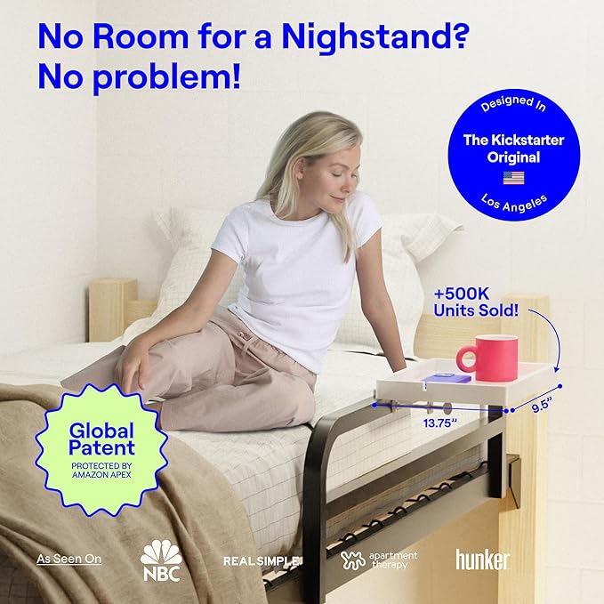 BedShelfie Wood Bedside Shelf for Bunk Bed & Top Bunk, College Dorm Room Essentials, Loft Nightstand, Floating Bed Side Table Tray Storage, Dorm Room Decor By Smallish - (Flexfit Bamboo Model, White)