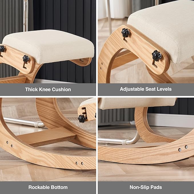 Ergonomic Kneeling Chair, Adjustable Rocking Office Chair Wooden Knee Chair Posture Chair for Home Office Back Pain Relief, Beige