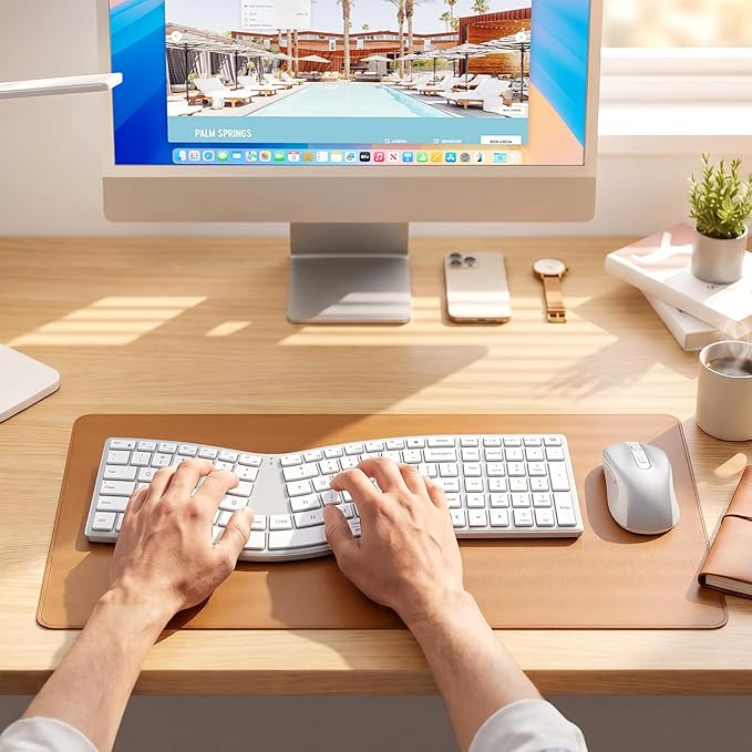 MEETION Ergonomic Keyboard and Mouse Wireless, Split S-Curve Design, 2.4G Wireless & Dual Bluetooth, Slim Low-Profile Rechargeable Full Size Keyboard, 4 DPI Mouse for Windows Mac PC Laptop, White