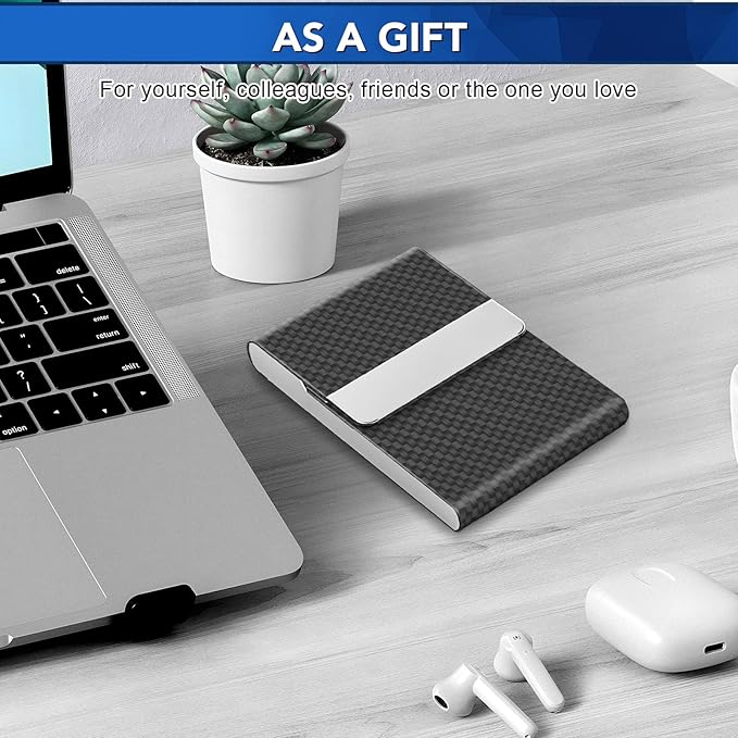 Business Card Holder, Metal Slim Business Card Case, Pocket Card Holder for Women or Men, PU Leather Business Card Holder Case RFID Blocking Name Card Holder with Magnetic Closure, Black Carbon | Slim, Business Card Case, Pocket Card Holder, RFID Block...