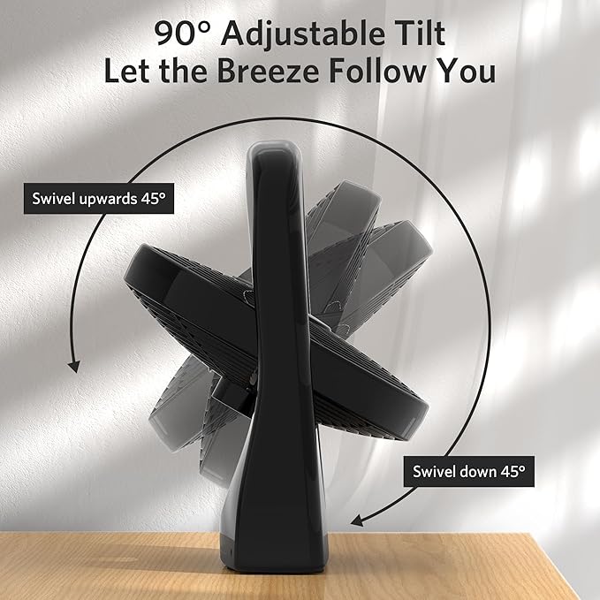 9" Desk Fan, Battery & USB-C Powered, 2 Cooling Speeds Table Fan With 90° Adjustable Tilt, 388ft³/Min Powerful Airflow, Portable Desktop Fan for Home, Office, Kitchen, Travel, Black
