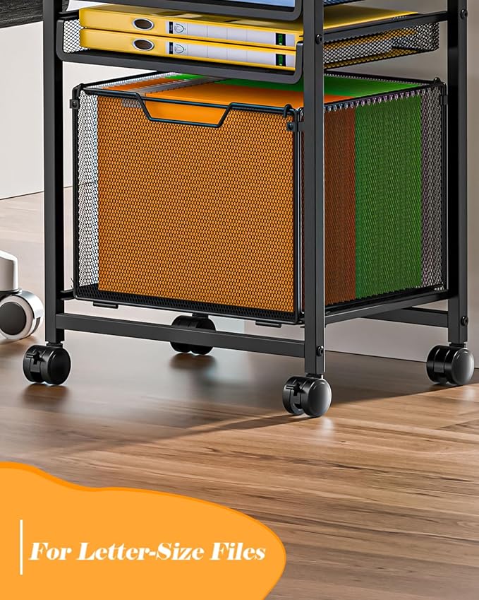 Feyejade Rolling File Cart 5-Tier, Under Desk Storage with Drawers, Filing Cabinet for Letter-Size File Storage, Sliding Metal Mesh Trays for Binder Storage, Office Storage & Organization for Teachers