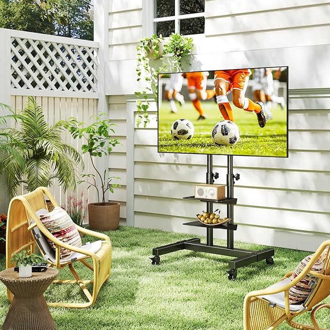 Mobile TV Stand Rolling TV Cart Floor Stand with Mount on Lockable Wheels Height Adjustable Shelf for 32-83 Inch TV Stand Flat Screen or Curved TVs Monitors Display Trolley (Black with 2 Shelves)