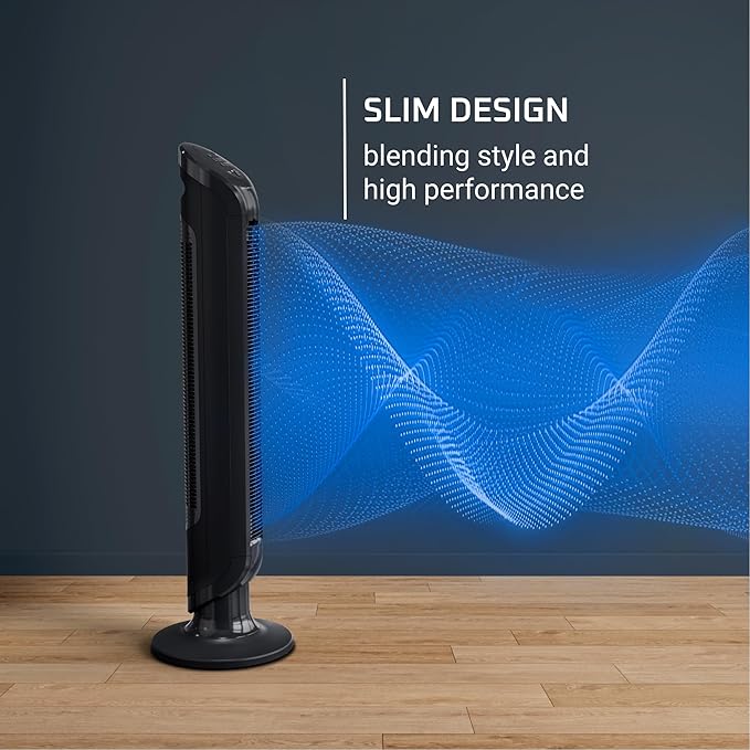 Rowenta, Tower Fan, Fresh 180° Oscillating Fan, Quiet Floor Fan for Bedroom, 3 Speeds, Powerful Cooling 40 Inch Standing Fan, Black, Indoor, VU6661