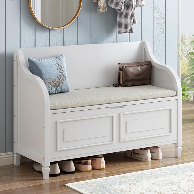 SOFTSEA 41.9" Storage Bench with Back, Entryway Shoe Bench with Cushion & Lift Top Storage, Rustic Shoe Storage Cabinet with Cushioned Seat for Entryway, Bedroom, Living Room (White)