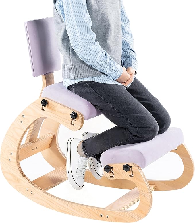 VDNEND Ergonomic Kneeling Chair with Back Support,Wooden Kneeling Chair Desk for Work, Rocking Office Kneel Chairs for Relieve Back Pain, Kneeling Posture Chairs for Gaming,Home (Light Purple)