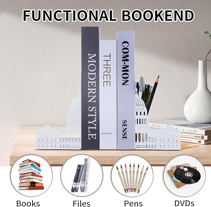 Capitol Book Ends Decorative for Shelves,ENCIMART 1.5mm Thickened Bookends with Pen Holder,Heavy Duty Metal Book Stopper Desk Organizer Holder for Office Gift (White)
