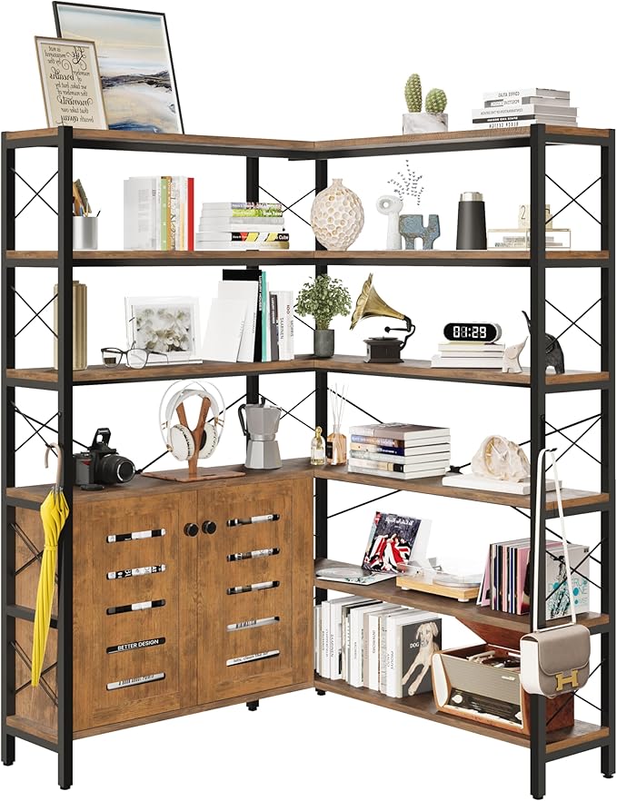 Wildhome 6-Shelf Corner Bookshelf, Vintage Industrial Corner Shelf Etagere Bookcase, Large Book Shelf with Metal Frame Open Storage Corner Cabinet (Brown-Lockers, Large)