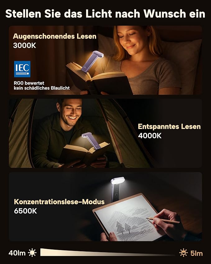 86lux Book Light, Reading Light for Book in Bed, USB Rechargeable LED Night Light with 3 Colors & Stepless Dimming, Aluminum Alloy Bookmark Light for Book Lovers, Lavender