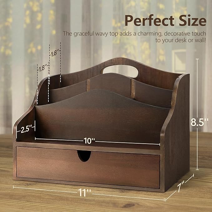 Rebee Vision Acacia Wood Mail Organizer for Desk – Farmhouse Countertop Mail Holder with Dividers – 4-Slot Letter Sorter for Key & Jewelry– Desktop Organizer for Home Decor (Dark Acacia)