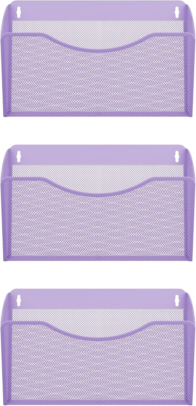 EasyPAG Wall File Organizer, Metal Mesh Hanging File Folder Holder for Letter/A4 Size Folders, Vertical Wall Mount Mail Sorter for Office Paperwork, Classroom, Purple
