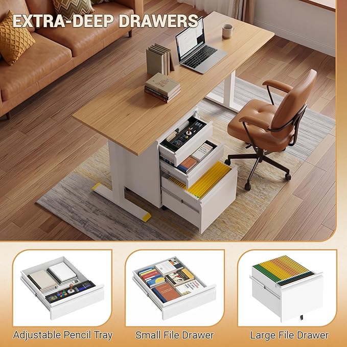 3 Drawer Metal File Cabinet with Lock and Wheels, Mobile Under Desk Filing Cabinet for Home Office, Lockable Organizer for Letter/Legal/A4, Rolling Storage Cabinet for Office & Study,White