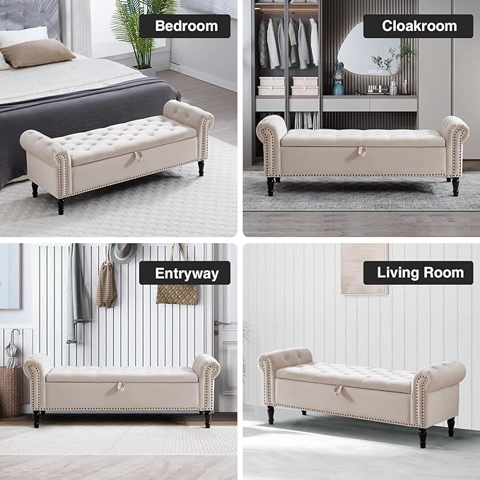 67'' End of Bed Storage Bench King Size, Storage Bench for Bedroom End of Bed, Upholstered Tufted Storage Ottoman Benches with Arms for Living Room, Entryway, Velvet Beige