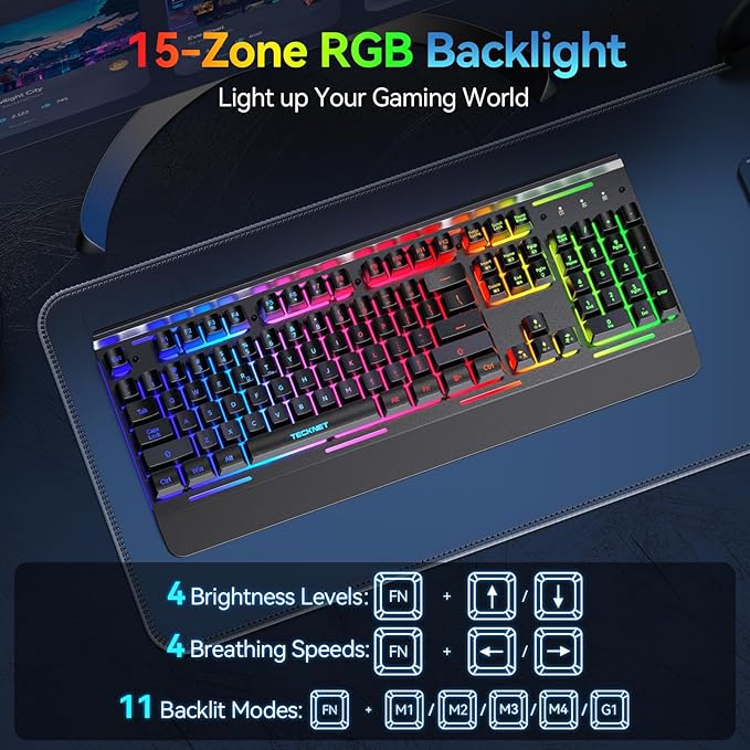 TECKNET Wireless Gaming Keyboard, 2-in-1 (2.4G Wireless & Wired) Computer Keyboard, 15-Zone RGB Keyboard, 4000mAh Rechargeable Battery, Metal Panel, PC Gaming Keyboards (Whisper Quiet Gaming Switch)