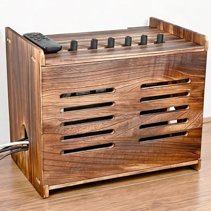 Large Wooden Router Box Hider, Wifi Router Cable Storage Box, Decorative Modem Shelf Hider Cover for Home Power Strip Cable Organization Perforated Cooling Brown