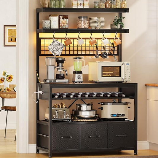 Itaar Bakers Rack with Storage and Power Outlet, 35.4 inch Coffee Bar Cabinet, Microwave Stand Kitchen Cabinet with Hutch, LED Lights, Wine Rack and Hooks (Black)