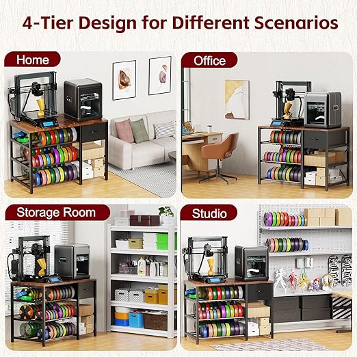 3D Printer Stand with Filament Storage Rack, 3D Printer Table with Power Outlet, 3-Tier Filament Holder with Drawer, 3D Printer Filament Stand Organized for Office Workshop Studio Office