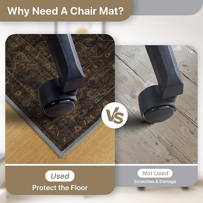 36"x48" Office Chair Mat for Hardwood Tile Floor, Under Desk Carpet Protector for Rolling Computer Chair Mat, Machine Washable Area Rug, Anti-Slip 1/5" Thick Low Pile Thin Vinyl Floor Mat, Brown
