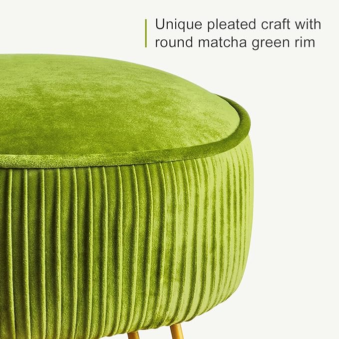LUE BONA Pleated Vanity Stool, Velvet Upholstered Vanity for Makeup Room, Round Mondern Stool for Vanity, Ottoman Footrest with Metal Legs for Living Room, Bedroom, Matcha Green